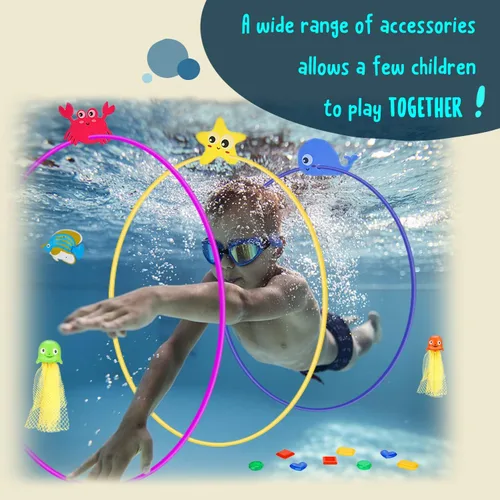 Miniatura 5 de DAUXONE Juguetes de buceo, 27 piezas de juguetes de piscina con anillos de natación para niños de 3 a 12 años, palos de buceo, anillos, gema, pulpo