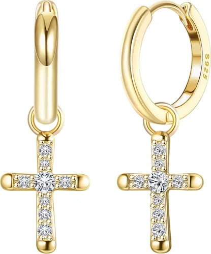 Milacolato Aretes de plata de ley 925 con cruz para hombres y mujeres, delicados aretes de aro con circonita cúbica, aretes colgantes de cruz