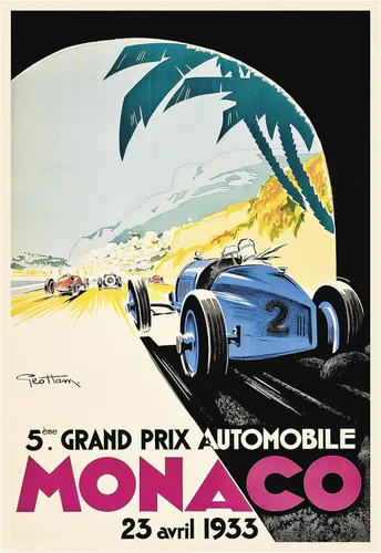 Grand Prix de Mónaco 1933 - Impresión artística vintage de carreras – Arte de pared de coche clásico, póster retro de carreras de automóviles,
