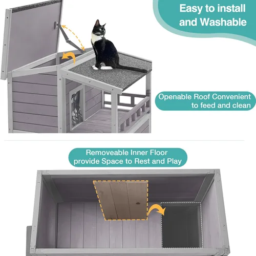 Miniatura 4 de Casa climatizada para gatos al aire libre, refugio aislado resistente a la intemperie de 2 pisos para invierno, almohadilla lavable desmontable
