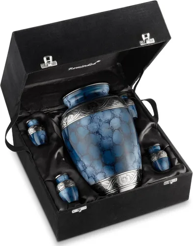 Miniatura 2 de Reminded Juego de 5 urnas decorativas de cremación para cenizas humanas, 1 latón para adultos + 4 tamaño de símbolo de recuerdo, azul
