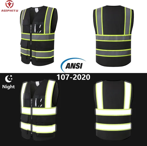 Miniatura 4 de Chaleco de seguridad reflectante de alta visibilidad para hombres y mujeres con bolsillos y cremallera frontal, cumple con los estándares ANSI/ISEA