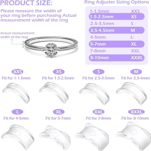 Miniatura 2 de 100 piezas de ajuste de tamaño de anillo para anillos sueltos con herramienta de medición de tamaño de anillo, protectores de anillo invisibles