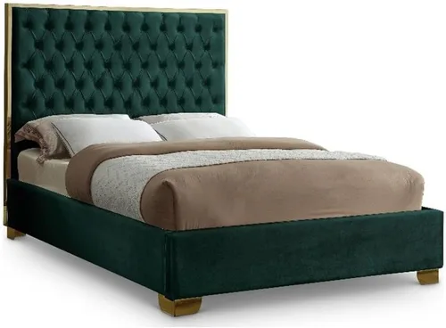 Meridian Furniture Colección Lana Modern | Cama tapizada de terciopelo contemporáneo con acolchado profundo detallado y patas doradas, tamaño Verde