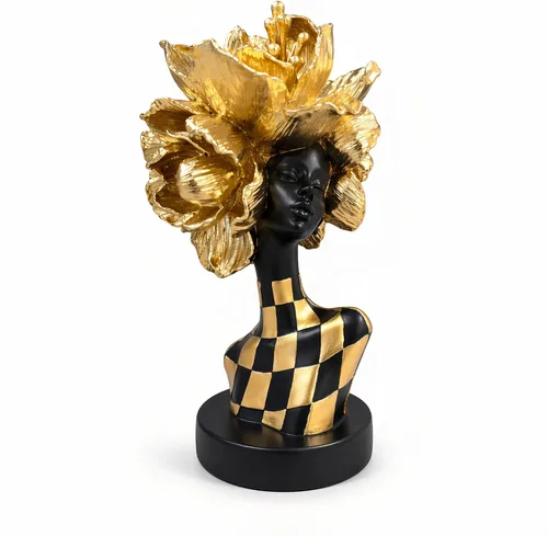 Miniatura 10 de Lescafita Escultura de mujer africana con tocado de flor dorada, figura de resina negra y dorada para decoración del hogar, elegante estatua de dama