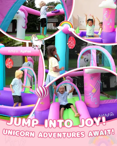 Miniatura 7 de Casa inflable de unicornio con tobogán, casa inflable rosa con soplador de aire, divertido castillo animoso para niñas de 3 a 10 años, ideal
