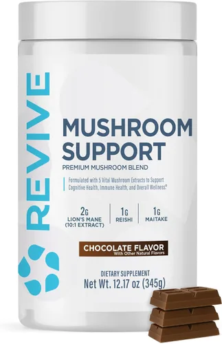 Revive MD - Polvo de hongos, chocolate, suplemento de hongos que apoya la concentración, cognitiva, inmune y salud cerebral con una mezcla de melena
