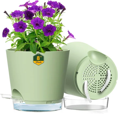 Miniatura 20 de Meowell Macetas de riego automático de 5 pulgadas para plantas de interior, paquete de 5 macetas pequeñas con agujeros de drenaje y depósito