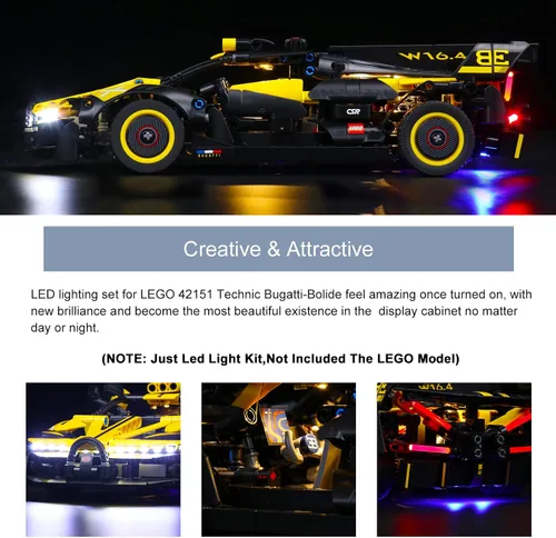 Miniatura 4 de BrickBling Luz LED compatible con Lego Technic Bugatti Bolide 42151, kit de iluminación creativa compatible con Lego 42151, para ventiladores