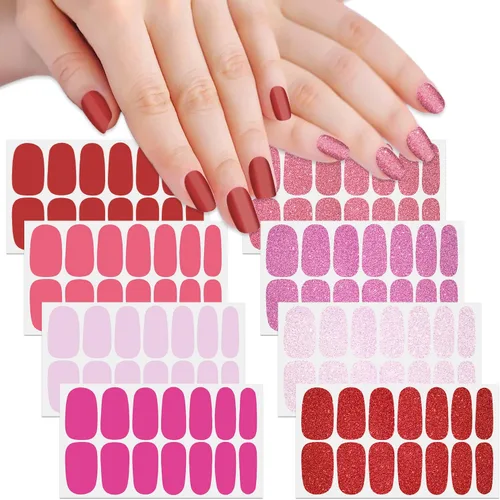 Miniatura 9 de 8 hojas de esmalte de uñas azules para mujer, calcomanías de esmalte de uñas de color sólido con purpurina para pegar en tiras de esmalte de uñas