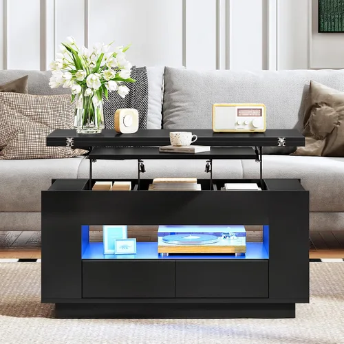 Miniatura 2 de CHOEZON Mesa auxiliar elevable de 40 pulgadas con 2 cajones, luces LED y almacenamiento, mesa central multiusos 4 en 1 con base flotante, para sala