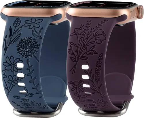 Miniatura 16 de Correa de silicona grabada con flores compatible con correas de Apple Watch de 1.496 pulgadas, 1.575 pulgadas, 1.614 pulgadas, bonita correa Negro