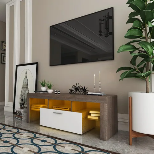 Miniatura 2 de Olela Soporte de TV con luces LED, consola de TV moderna para centro de entretenimiento, armario de TV minimalista de madera con cajón