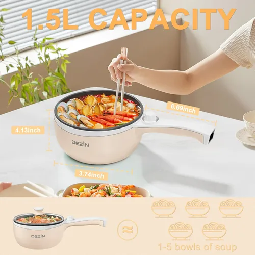 Miniatura 4 de Dezin Olla Caliente Eléctrica Mejorada, Sartén Antiadherente, Olla Eléctrica Rápida para Fideos, Olla Caliente Portátil Mini de 1.5L para Bistec