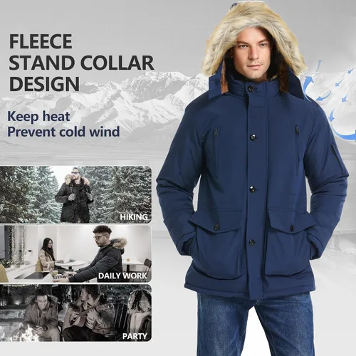 Miniatura 5 de JYG - Chaqueta de invierno gruesa para hombre, parka acolchada con capucha extraíble de piel sintética Azul