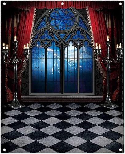 Miniatura 10 de Telón de fondo gótico de castillo medieval de vampiro de 5 x 7 pies, ventana de Halloween, luna, murciélagos, fotografía, fondo, decoración