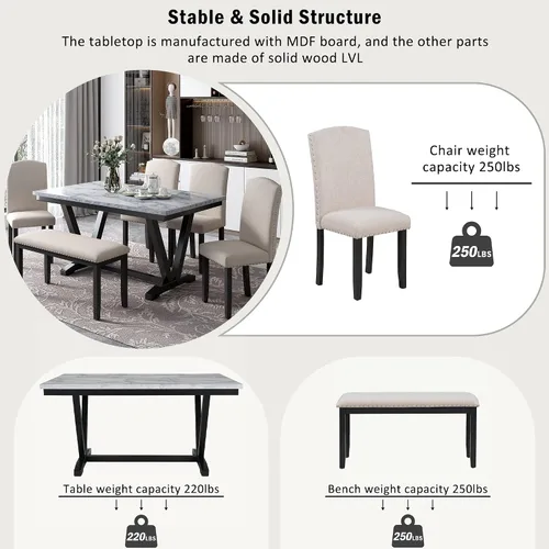 Miniatura 7 de LUMISOL - Juego de mesa de comedor de 6 piezas con banco y sillas para 6 personas, de madera maciza, para cocina, comedor, color blanco cálido