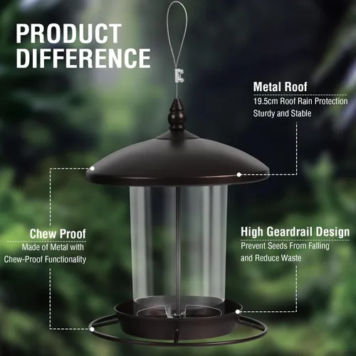 Miniatura 2 de Comedero para pájaros de metal para exteriores colgante, comedero de semillas de 3.0 LB, fácil de llenar y limpiar, alimentación de 360°, techo