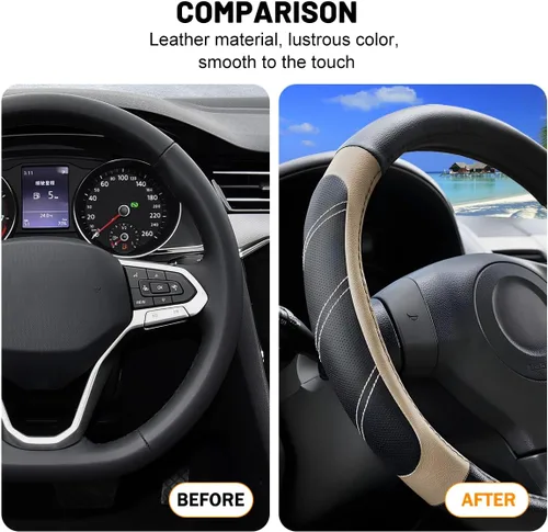 Miniatura 5 de Zpana Funda para volante de automóvil, de piel de fibra de carbono de 15 pulgadas, protector antideslizante para volante con forro, accesorios