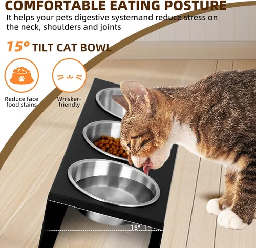 Miniatura 2 de Cuencos elevados para gatos con base antideslizante, platos elevados para gatos con soporte integrado inclinado a 15° antivómito, incluye 3 cuencos