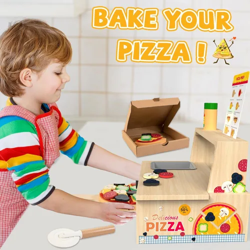 Miniatura 6 de WOODMAM Juguete de pizza de madera – 48 piezas Montessori pretender Play Food para mayores de 3 años, juguete educativo de aprendizaje de madera