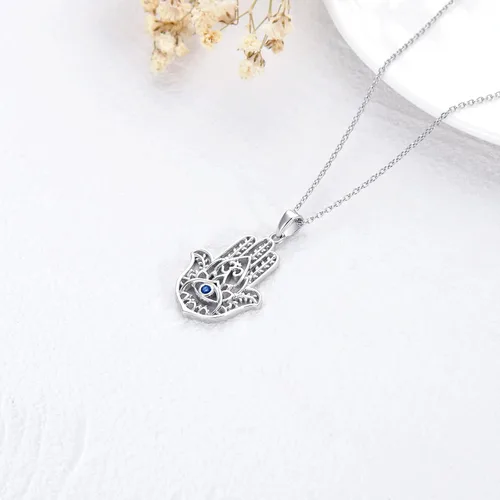 Miniatura 41 de PROESS Collar de plata de ley Hamsa Fátima collar de elefante, colgante de ojo azul, joyería para hombres, mujeres, niñas y niños