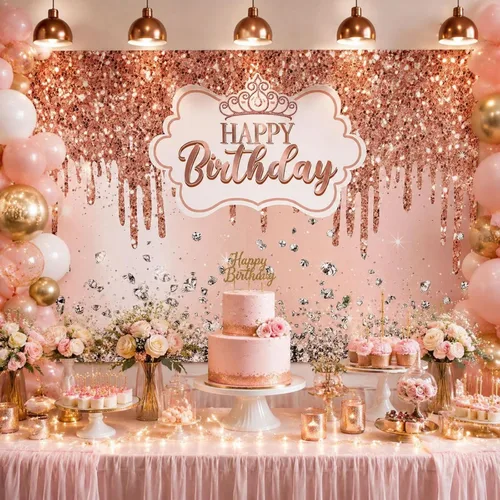 Tudomro Telón de fondo de feliz cumpleaños de oro rosa para mujer, pancarta de oro rosa con purpurina de diamante, fondo de fotografía de princesa