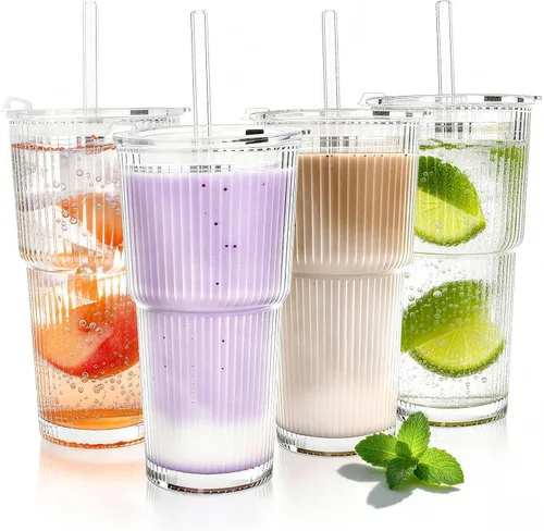 Miniatura 9 de 20oz Clear Glass Cups with Lids and Straws, Reusable Iced Coffee Cups, Drinking Tumblers for Cocktail Beer, Juice, Smoothie, Water, Party Gifts