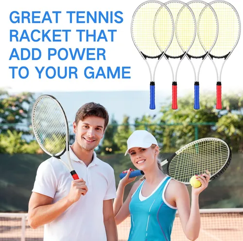 Miniatura 5 de 4 raquetas de tenis para adultos recreativas para 4 jugadores, raqueta de tenis ligera de 27 pulgadas con 3 pelotas de tenis para entrenar rojo