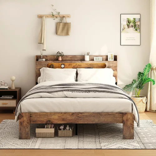Miniatura 3 de Marco de cama tamaño completo de madera, cabecero con almacenamiento y estación de carga y luces LED, estructura robusta de granja rústica, fácil