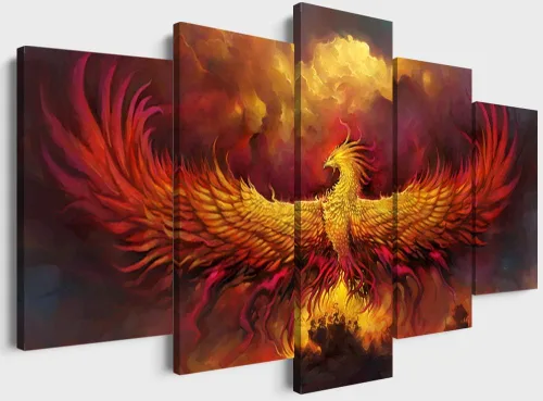 YOUHONG Decoración de pared de pájaro fénix de 5 piezas, arte de pared en lienzo de animales, arte de fénix ardiente fresco, enmarcado, listo para