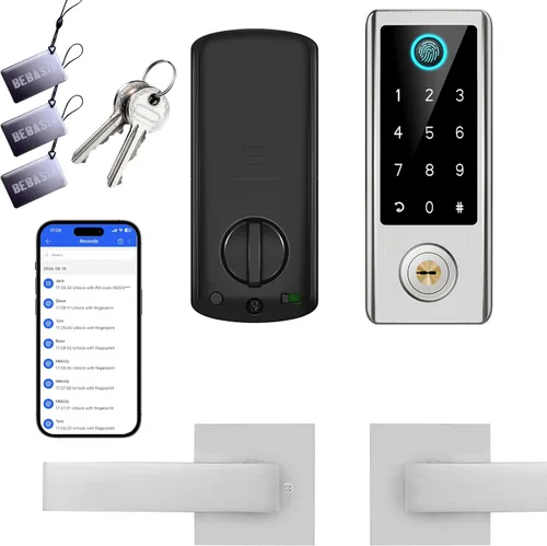 BEBASIA Cerradura de Puerta Inteligente con Huella Digital con Conjunto de Manija, Control Completo por Aplicación, Teclado Táctil Digital Níquel