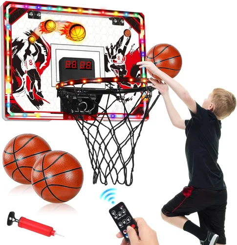 Aro de baloncesto para interiores para niños y adultos, mini aro de baloncesto sobre la puerta con marcador de control remoto, 6 modos de luz LED,