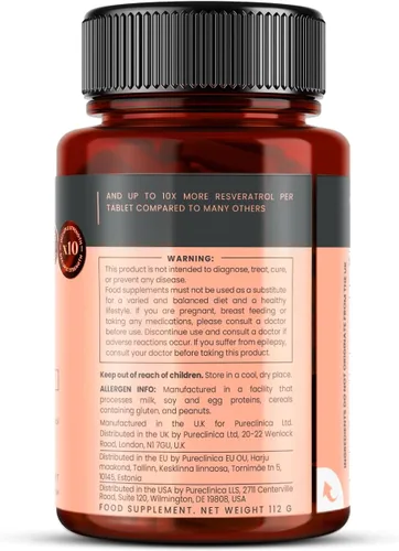 Miniatura 7 de pureclinica 1000 mg de resveratrol x 90 tabletas (suministro de 3 meses). 10 veces de fuerza con extracto de pimienta negra para una absorción más