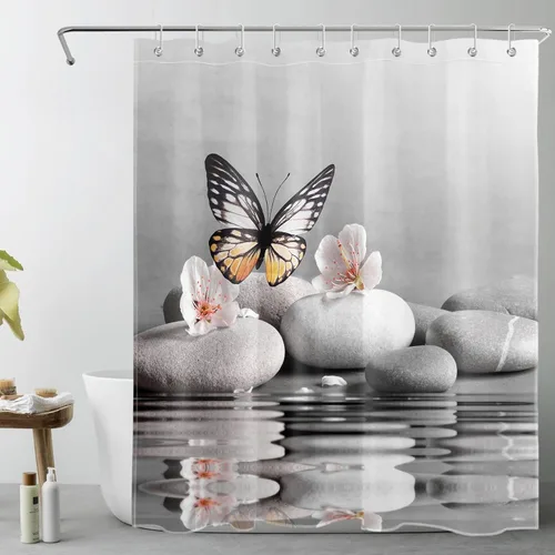 Miniatura 17 de LB Cortina de ducha asiática de piedra zen, cortina de ducha japonesa para baño, cortinas de baño de tela negra de 48 x 72 pulgadas con ganchos