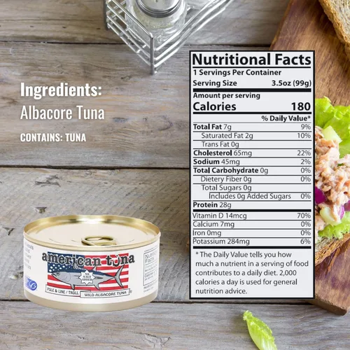 Miniatura 2 de American Tuna Pescado de atún blanco silvestre capturado en poste de grado sushi, sin sal añadida, (12) latas de 3.5 onzas Cosechado
