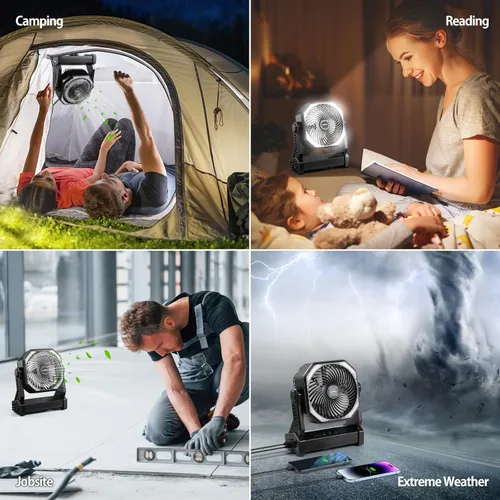 Miniatura 8 de Ventilador de camping de 20000 mAh, recargable, funciona con batería con gancho giratorio de 360°, luz de 400 lúmenes, pivote de 270°, 4