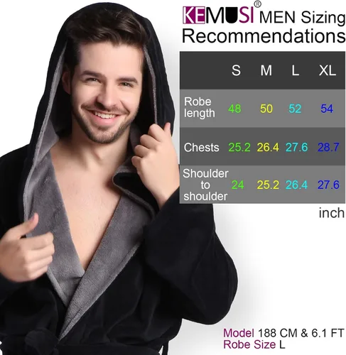 Miniatura 2 de KEMUSI Bata de baño con capucha para hombre, suave y de longitud completa, cómodo camisón cálido de longitud completa