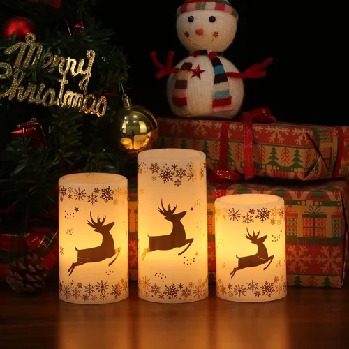 Miniatura 12 de Wondise Velas parpadeantes sin llama con temporizador, funcionan con pilas, cera real, con calcomanía de ciervo dorado, velas LED para decoración