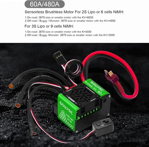 Miniatura 4 de GOUPRC 60A sin escobillas RC ESC 2-3S Controlador de velocidad eléctrico impermeable para 1/10 Escala Accesorios RC Truck Off-Road Car