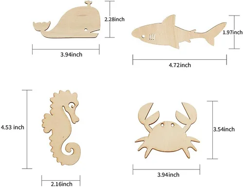 Miniatura 2 de Paquete de 48 recortes de madera sin terminar con formas de animales marinos del océano, pulpo, tiburón, ballena, delfín, tortuga, cangrejo