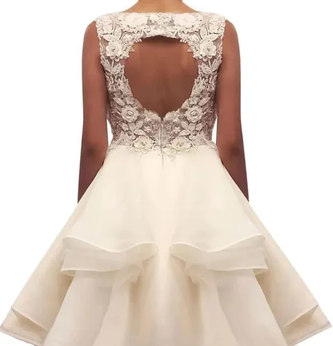Miniatura 2 de Vestido corto de tul con apliques de encaje para adolescentes, cuello en V, vestido de cóctel acampanado