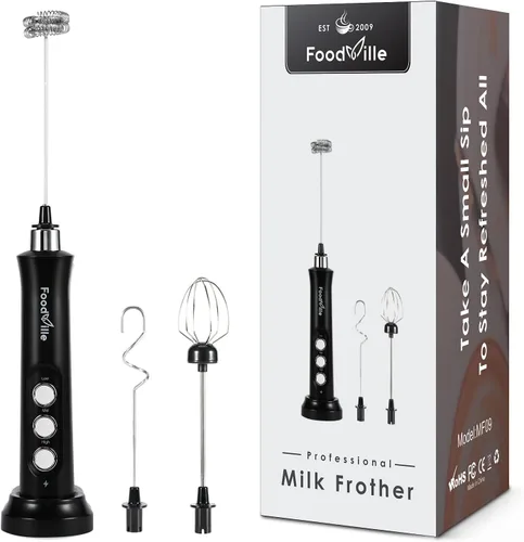 FoodVille MF09 Espumador de leche recargable 3 en 1 Máquina de espuma de mano con soporte de carga y 3 batidores de acero inoxidable (negro sin caja)