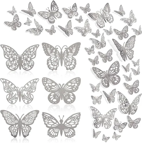 144 calcomanías de pared de mariposa 3D, 6 estilos, 3 tamaños, calcomanías de mariposa extraíbles plateadas, decoración de pared para habitación de