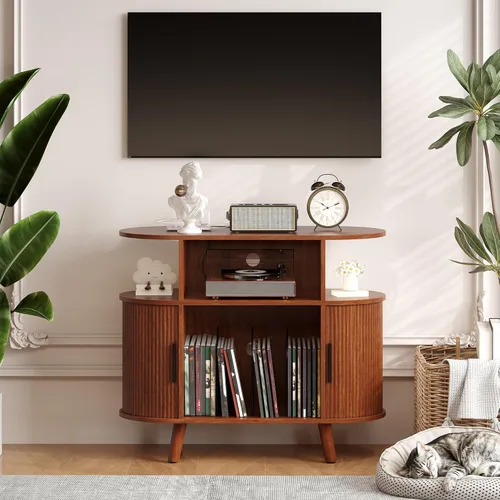 Miniatura 3 de GarveeHome Soporte redondo grande para tocadiscos con estación de carga y puertos USB, soporte para tocadiscos de vinilo rústico, gabinete