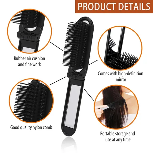 Miniatura 3 de Cepillo de pelo portátil de viaje, pequeño cepillo plegable compacto con espejo y punta redonda, cerdas de nailon para mujeres y hombres, mini peine