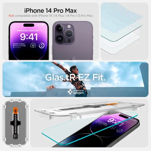Miniatura 2 de Spigen GlasTR EZ FIT: protector de pantalla de vidrio templado diseñado para iPhone 14 Pro Max [compatible con fundas], protección de sensor