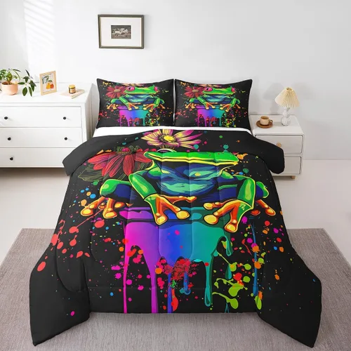Juego de edredón de rana, juegos de ropa de cama de animales de dibujos animados, tamaño individual, relleno de edredón de grafiti de teñido anudado