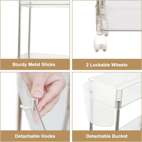 Miniatura 5 de VECELO Carrito rodante de acrílico de 3 niveles, carrito utilitario para almacenamiento de cocina, estantes móviles organizadores deslizables con 2