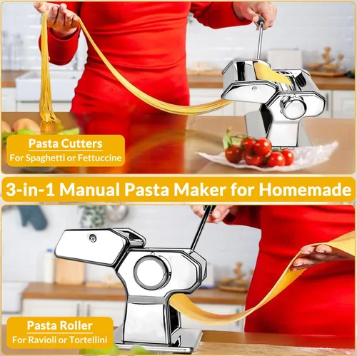 Miniatura 5 de Máquina para hacer pasta con rodillo de 7 ajustes de grosor, cortador 2 en 1, manivela y abrazadera de mesa, máquina manual de pasta de acero